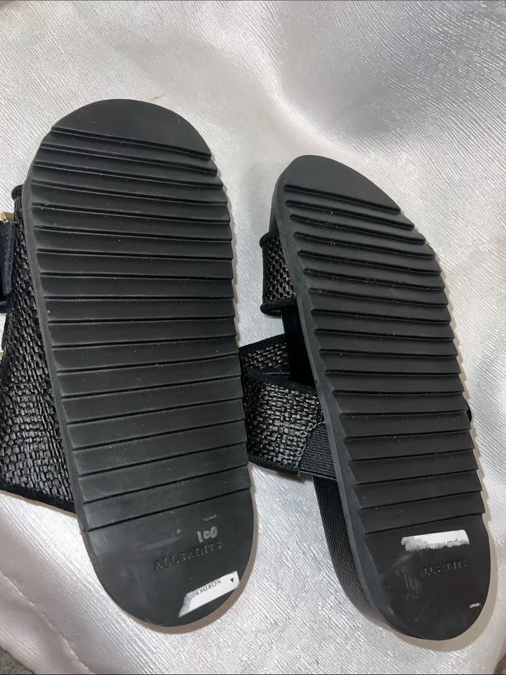 AllSaints Black Woven Double-Strap Slides with Metallic Buckles SB9